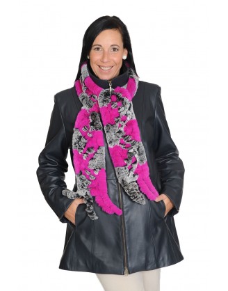 CUIR AGNEAU ¾ MARINE STYLE DC-1052 GARNI FOULARD REX ROSE ET GRIS